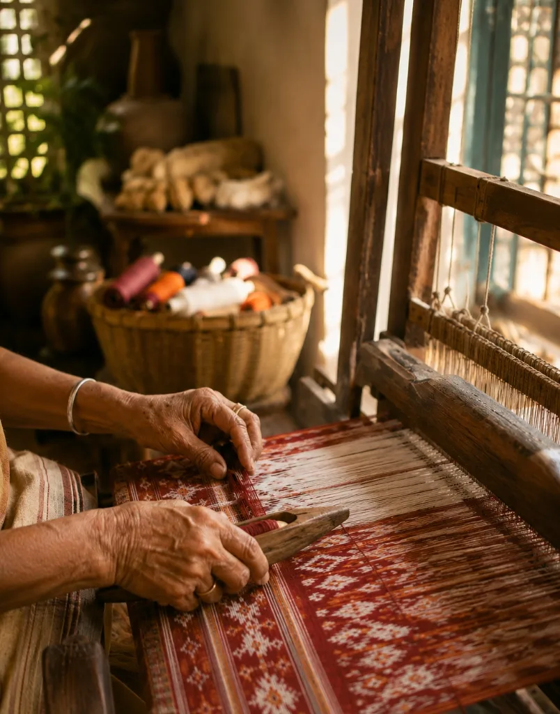 Master weaver's hands at the loom in Odisha