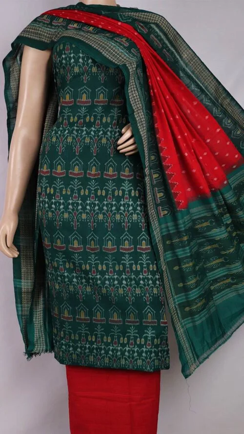 Sambalpuri Handloom Cotton Dress Material Set Green and Red