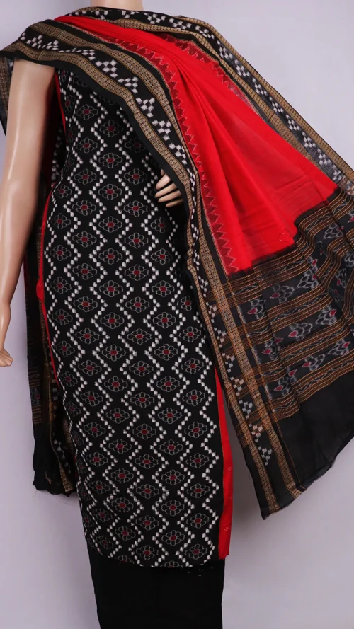 Sambalpuri Handloom Cotton Dress Material Set Red and	Black