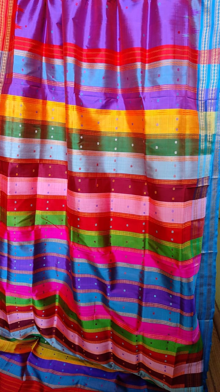 Berhampuri Handloom Double Pallu Silk Saree with Blouse Piece Multi Color